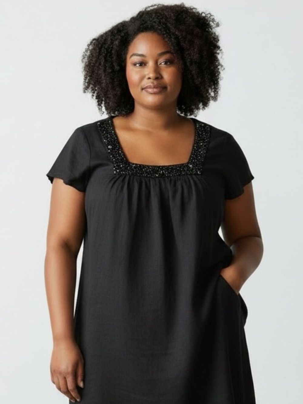 Style & Co Black Beaded Front 100% Linen Tunic Top